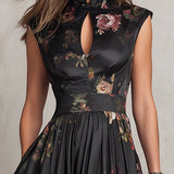 Vestido Midi Floral de Satén Plisado con Cuello Negro para Mujer