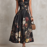 Vestido Midi Floral de Satén Plisado con Cuello Negro para Mujer