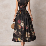 Vestido Midi Floral de Satén Plisado con Cuello Negro para Mujer