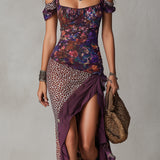 Vestido Maxi Floral Leopardo Púrpura con Fenda Alta