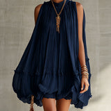 Mini Vestido de Chiffon con Cuello Americano y Falda Globo