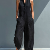 Claudia | Mono minimalista de lino para mujer, sin mangas, cuello alto y botones