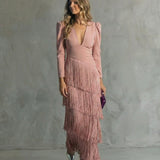 Clara · Vestido Elegante con Mangas de Flecos para Dama