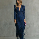 Clara · Vestido Elegante con Mangas de Flecos para Dama