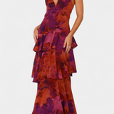 Vestido de Gasa Domenica con Escote en V y Capas Fluidas