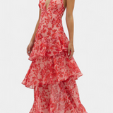 Vestido de Gasa Domenica con Escote en V y Capas Fluidas