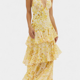 Vestido de Gasa Domenica con Escote en V y Capas Fluidas
