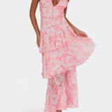 Vestido de Gasa Domenica con Escote en V y Capas Fluidas
