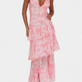 Vestido de Gasa Domenica con Escote en V y Capas Fluidas