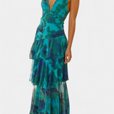 Vestido de Gasa Domenica con Escote en V y Capas Fluidas