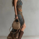 Vestido Largo Asimétrico Étnico con Abertura Lateral para Mujer