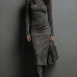 Vestido Midi de Suede Ilaria con Cuello Alto y Mangas Largas