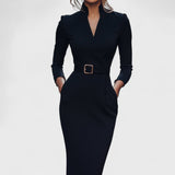 Vestido Negro Refinado con Cinturón y Cuello Mandarin