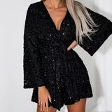 Vestido Corto de Lentejuelas con Cinturón y Escote en V Luna™