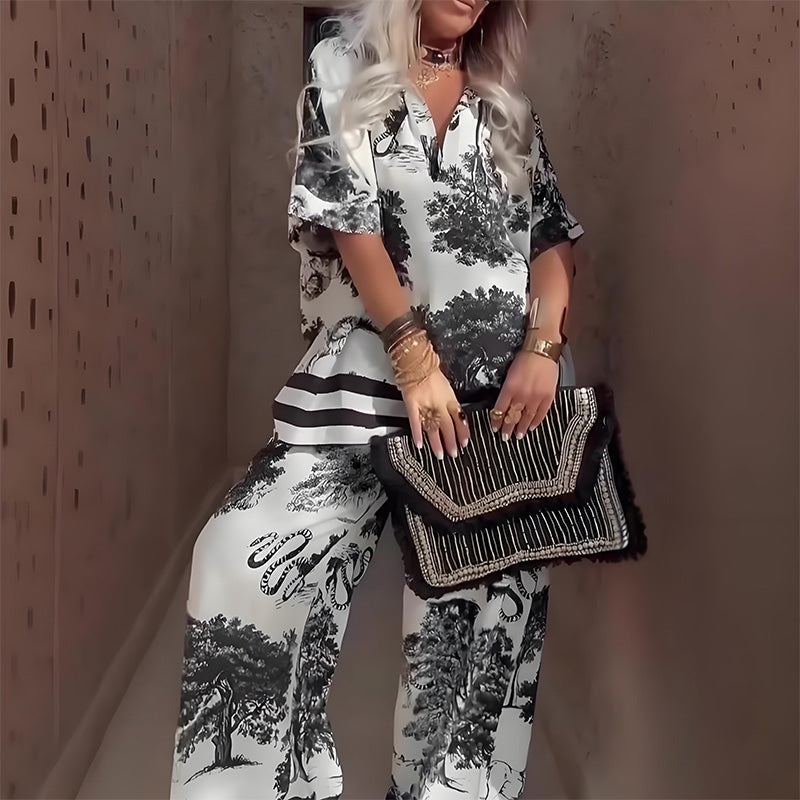 Top estampado con cuello en V y pantalón largo ligero