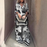 Blusa estampada con cuello en V y pantalón largo: estilo veraniego elegante y ligero